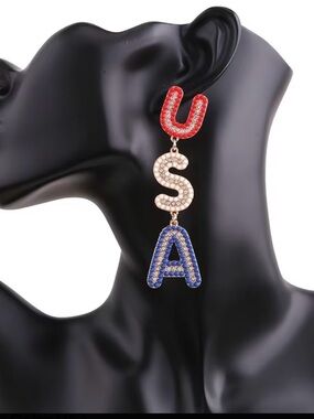 Statement USA Letter Drop Earrings - Red, White, Blue